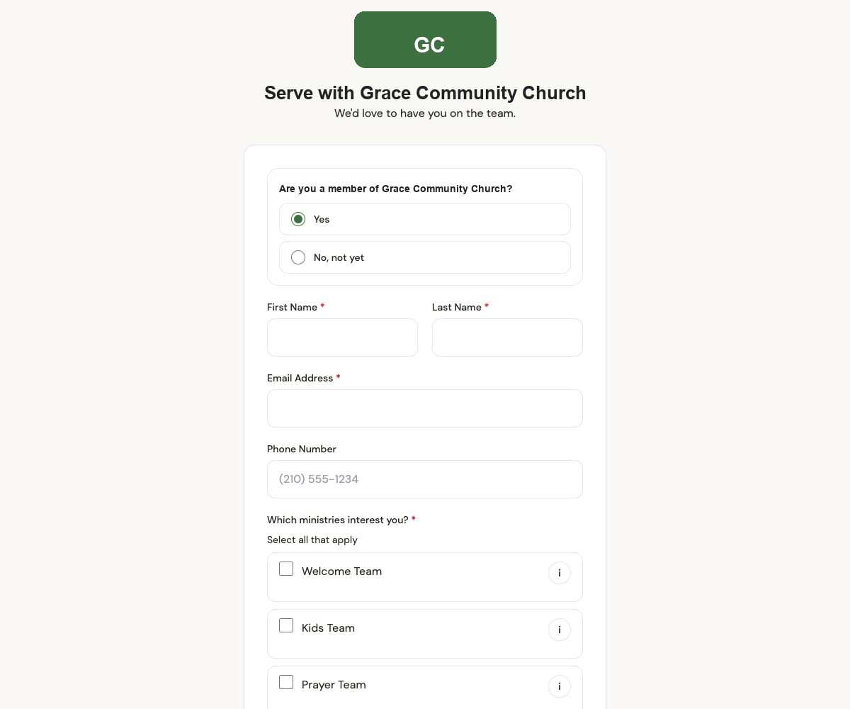 Public volunteer sign-up form titled “Serve with Grace Community Church,” asking for membership status, name, email, phone, and ministry interests such as Welcome Team, Kids Team, and Prayer Team.