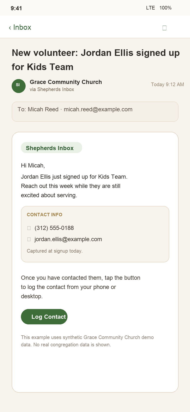Mobile email preview showing a new Kids Team volunteer notification and a Log Contact button.
